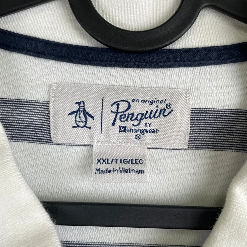 Original Penguin Mens XXL Striped Polo Shirt White Navy Blue Short Sleeve Cotton